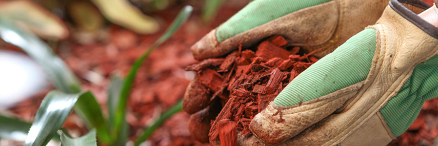 colorful red mulch being placed