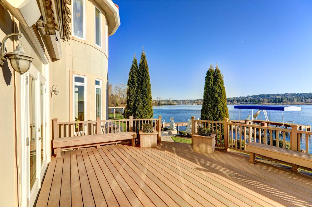 deck of waterfront custom home