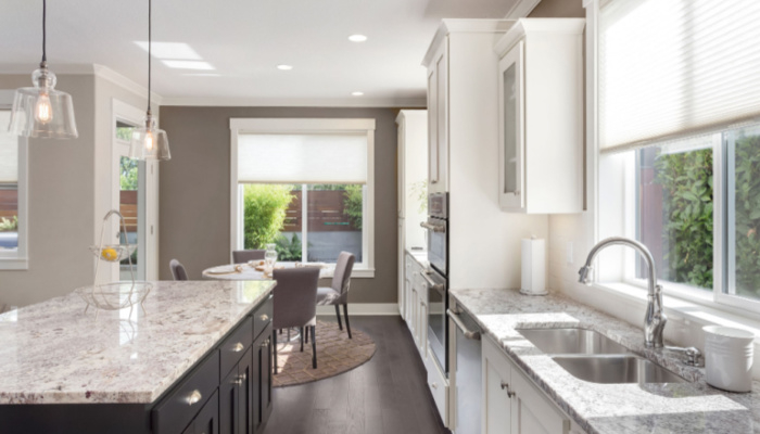Beautiful modern kitchen in new custom home featuring wide windows, hardwood floors, stainless steel appliances, quartz countertops, and large island, on sunny day
