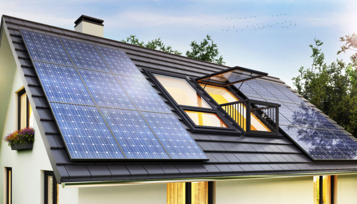 Rooftop solar panels enhancing the modern house's energy efficiency