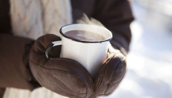 A person with winter gloves hoding a mug of hot chocolate outdoors on a winter day